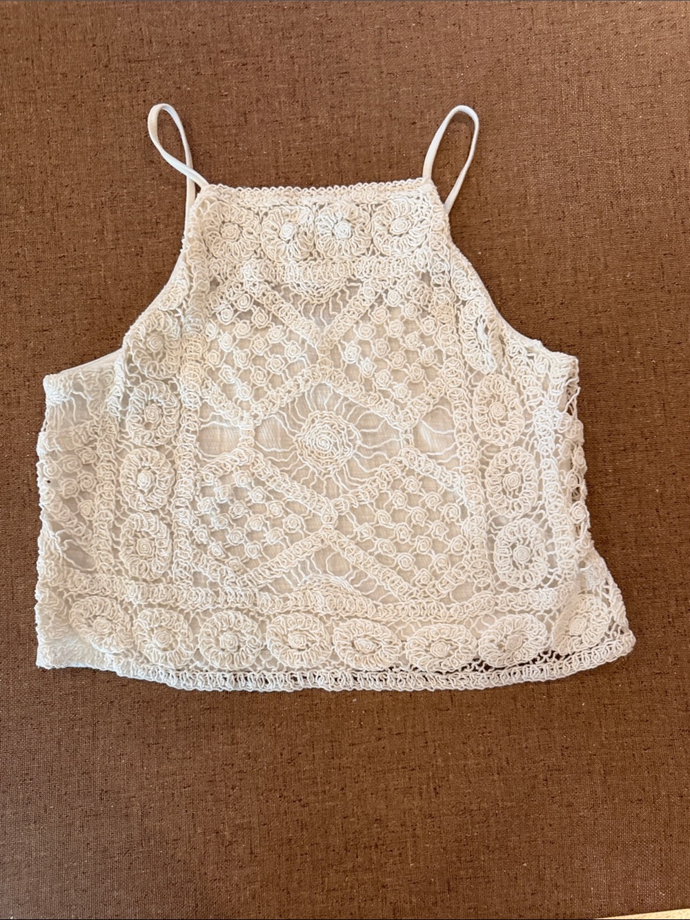 Love on a Hanger Lace Crochet Halter Camisole Cropped Tank Top — White
